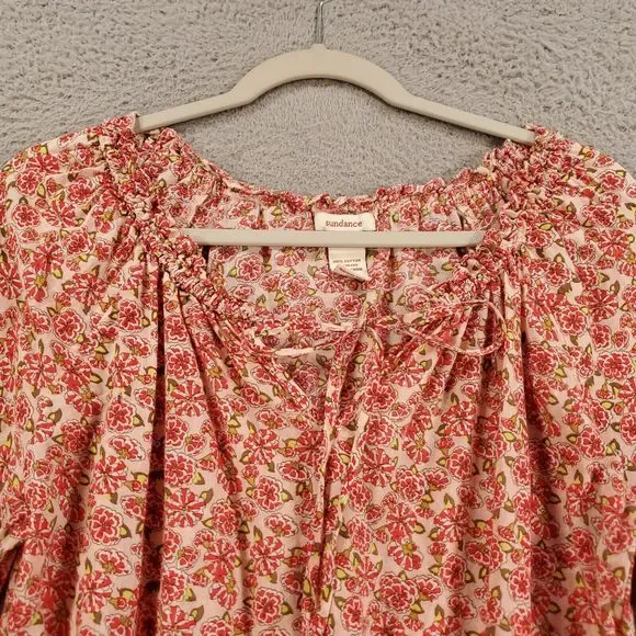 Sundance Tunic Womens Small Pink Floral Elastic Waist Delicate Blouse Tie Neck - Picture 8 of 15